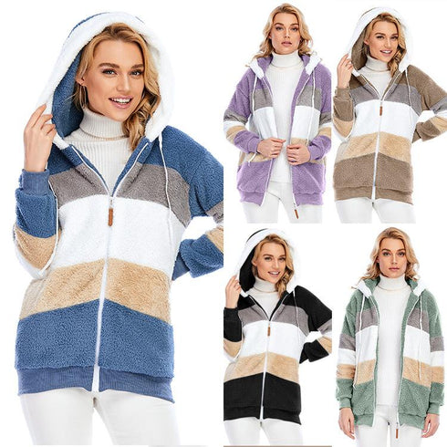 2021  New Autumn and Winter Loose Plush Multi-Color Hooded Jacket